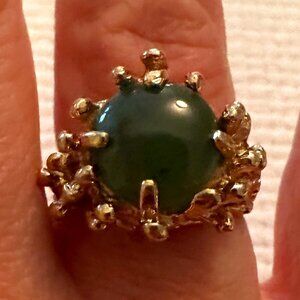 Brutalist Gold Tone and Jadeite Ring
